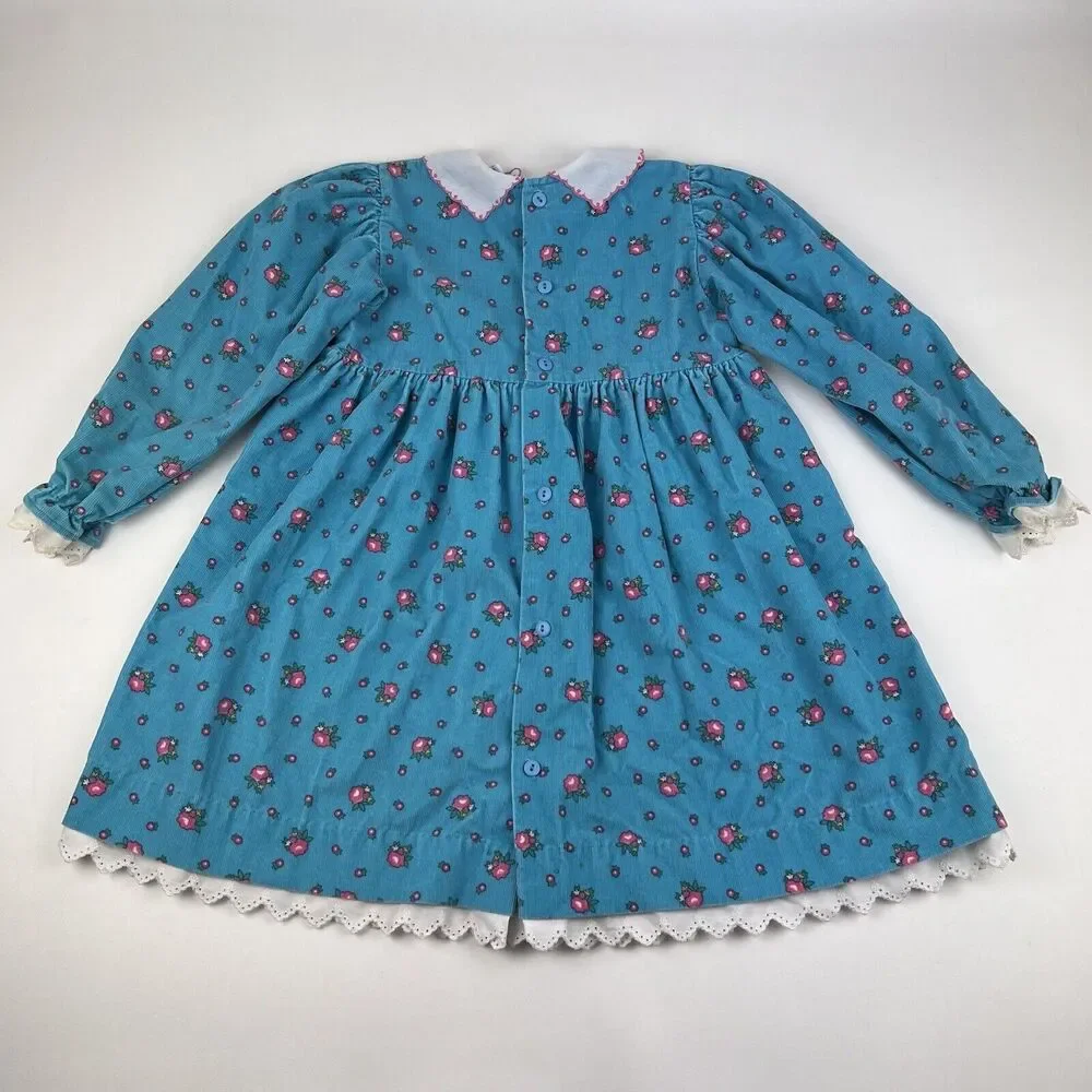 OSHKOSH B'GOSH Corduroy Long Sleeve Dress VTG 90s Floral Blue Kids Youth Girl 6